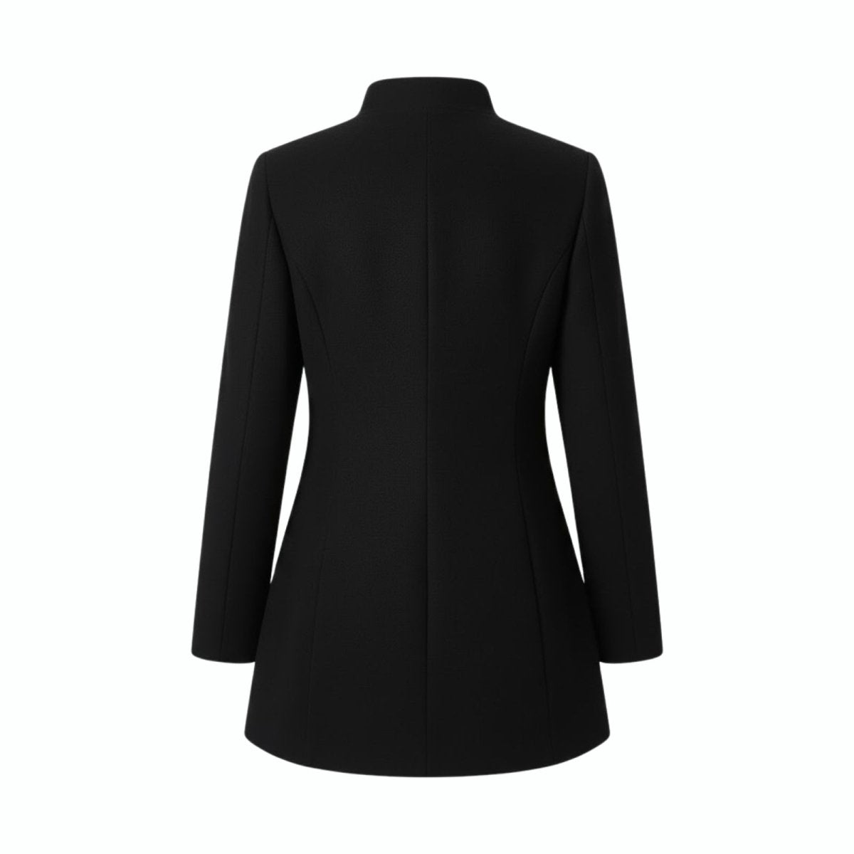Flat lay studio shot of the back of the Brandi structured black coat, displaying its clean construction and tailored silhouette.
