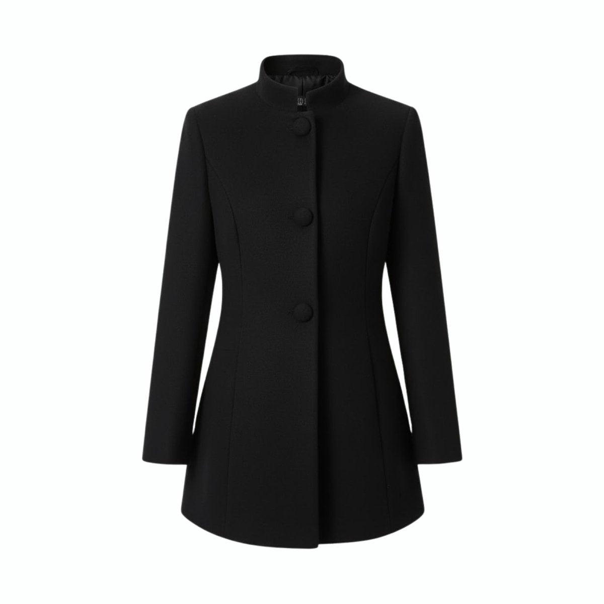 Flat lay studio shot of the front of the Brandi funnel neck coat in black, showing the button details and texture of the wool blend fabric.