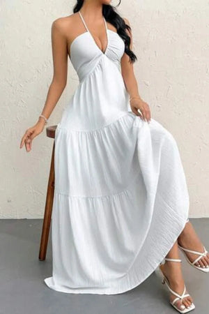 Breeze & White Halter Neck Maxi Dress | Backless Tiered Grecian Gown for Summer Vacation, Beach & Bridal Events | Kouvr Fashion Breeze & White Halter Neck Maxi Dress | Backless Tiered Grecian Gown for Summer Vacation, Beach & Bridal Events | Kouvr Fashion