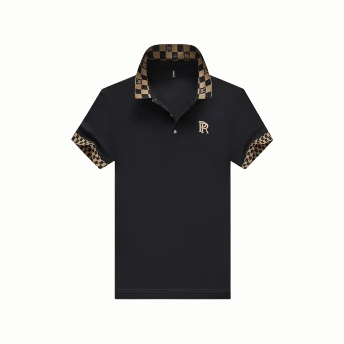 Flat lay of the Kouvr men's short sleeve black polo shirt, showing the full design including the button placket, gold R embroidery, and check-patterned collar and cuffs. 