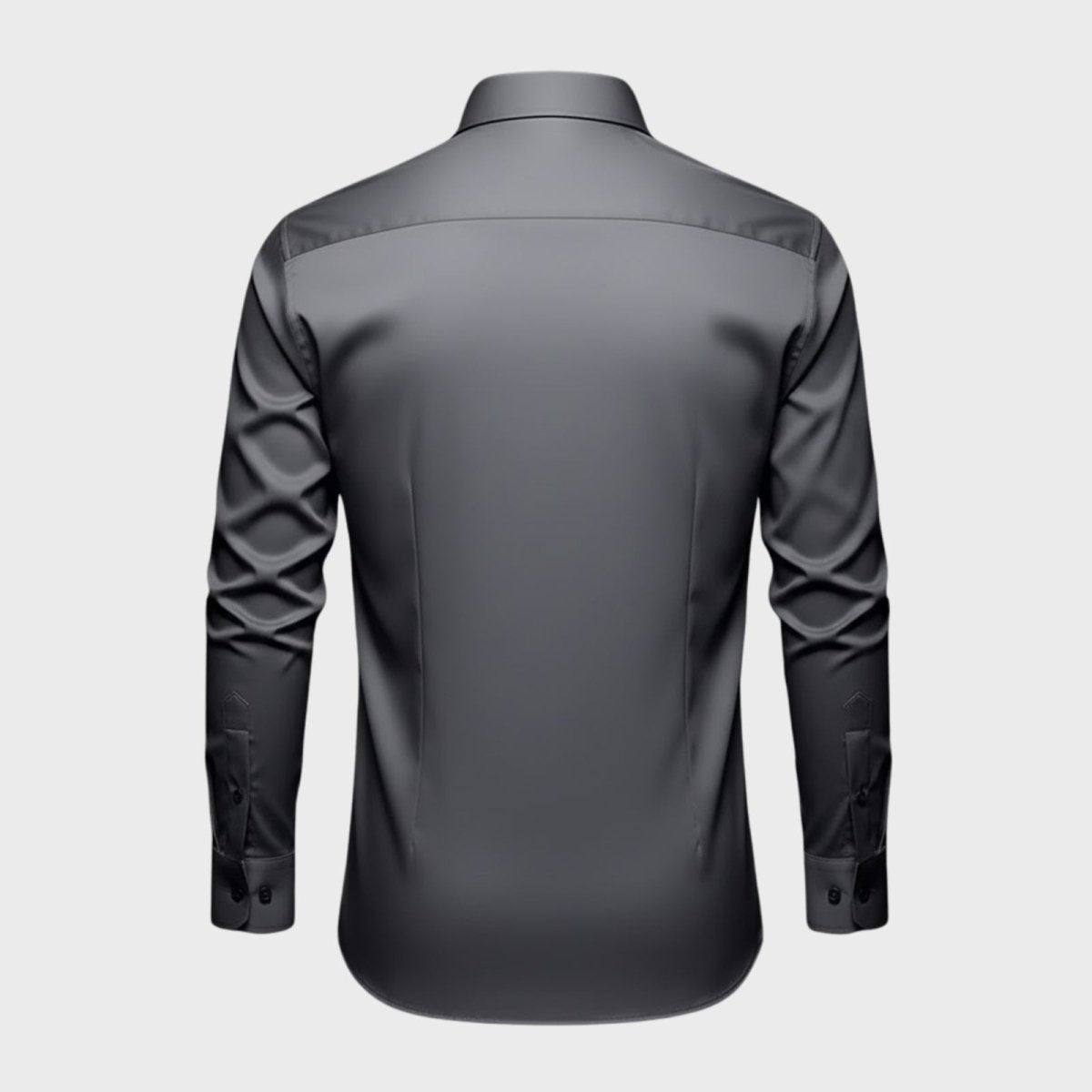 Flat lay of the back of the Kouvr Fashion Briar men's dark grey dress shirt, displaying the yoke and construction details.