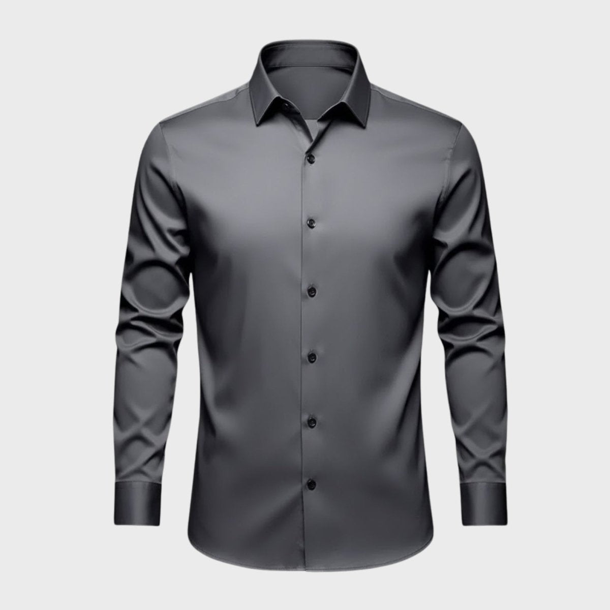 Flat lay of the Kouvr Fashion Briar men's dark grey long sleeve dress shirt, showing the button-down front and collar.