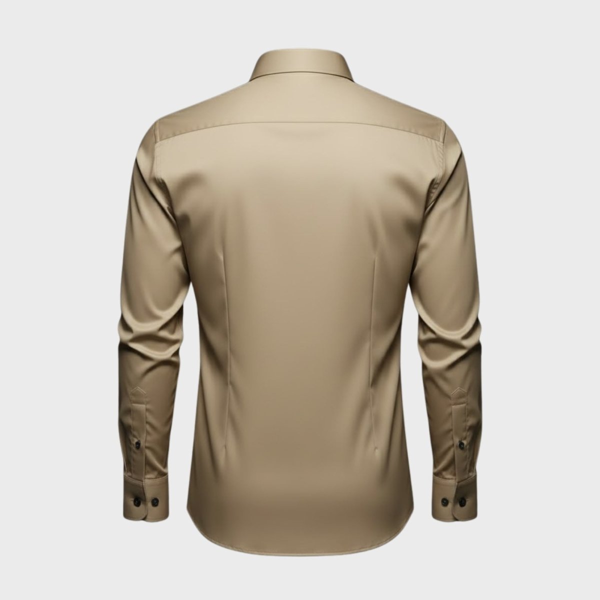 Back view of the Kouvr Briar khaki performance dress shirt laid flat, detailing the back yoke and tailored construction.