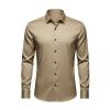 Front view of the Kouvr Briar khaki performance dress shirt laid flat, showing the point collar and contrasting buttons.
