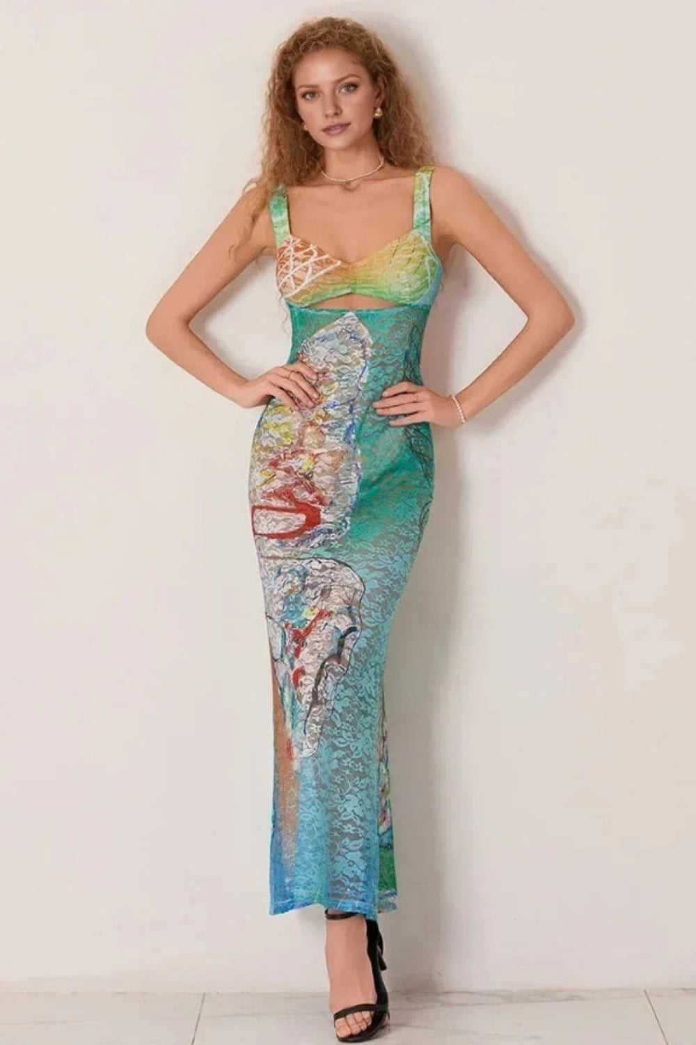 artistic print dress, watercolor dress, mesh gown, second-skin dress, bustier top maxi, statement occasion wear, luxury resort wear, gallery opening dress.