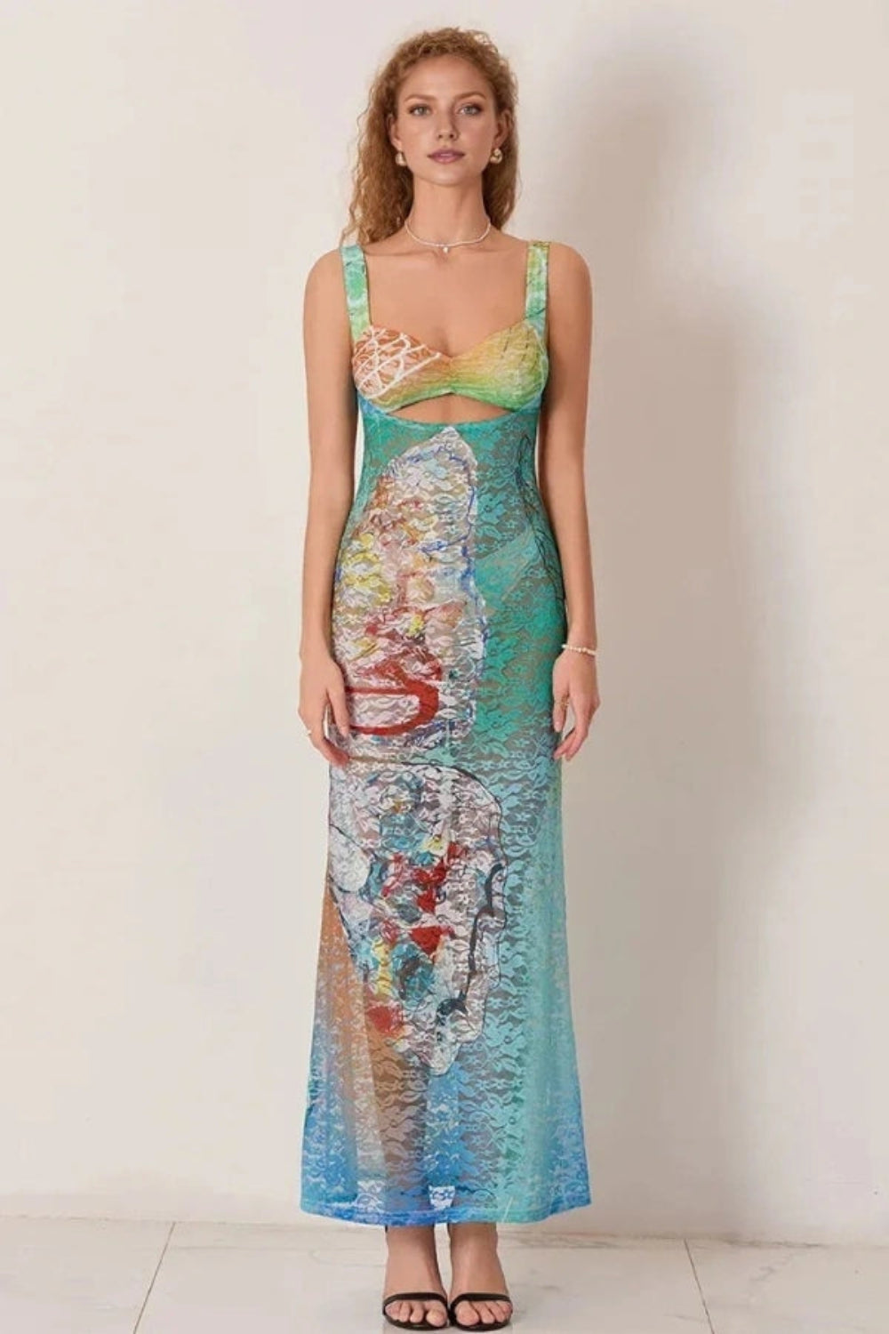 artistic print dress, watercolor dress, mesh gown, second-skin dress, bustier top maxi, statement occasion wear, luxury resort wear, gallery opening dress.