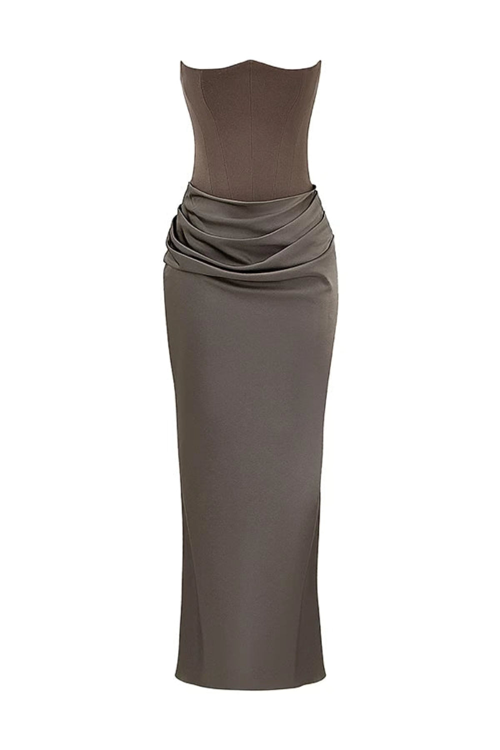 sculptural," "figure-flattering," "boned bodice," "ruched hip detail," and "black-tie attire