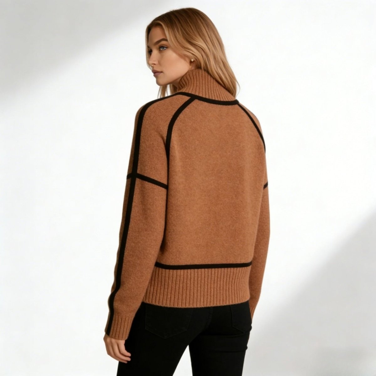 Back view of the Kouvr brown turtleneck sweater highlighting the architectural black piping on the shoulders and sleeves.