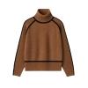 Front view of the brown wool turtleneck sweater with black contrast trim laid flat on a white background.