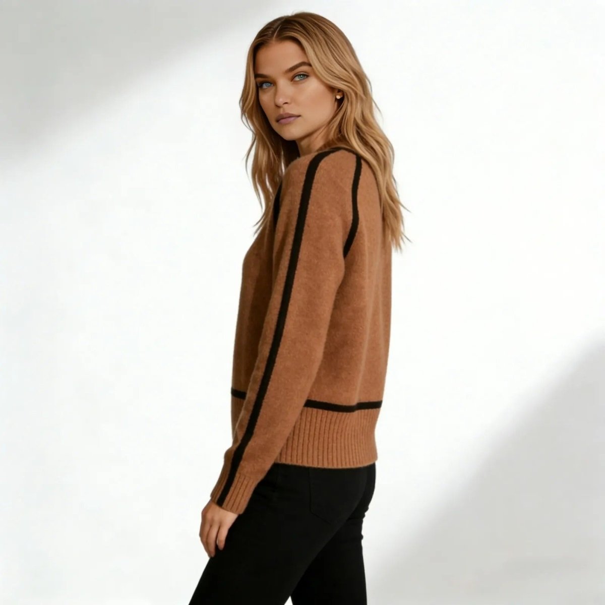 Side profile of a woman wearing a brown turtleneck sweater showing the black piping detail along the arm and shoulder. 