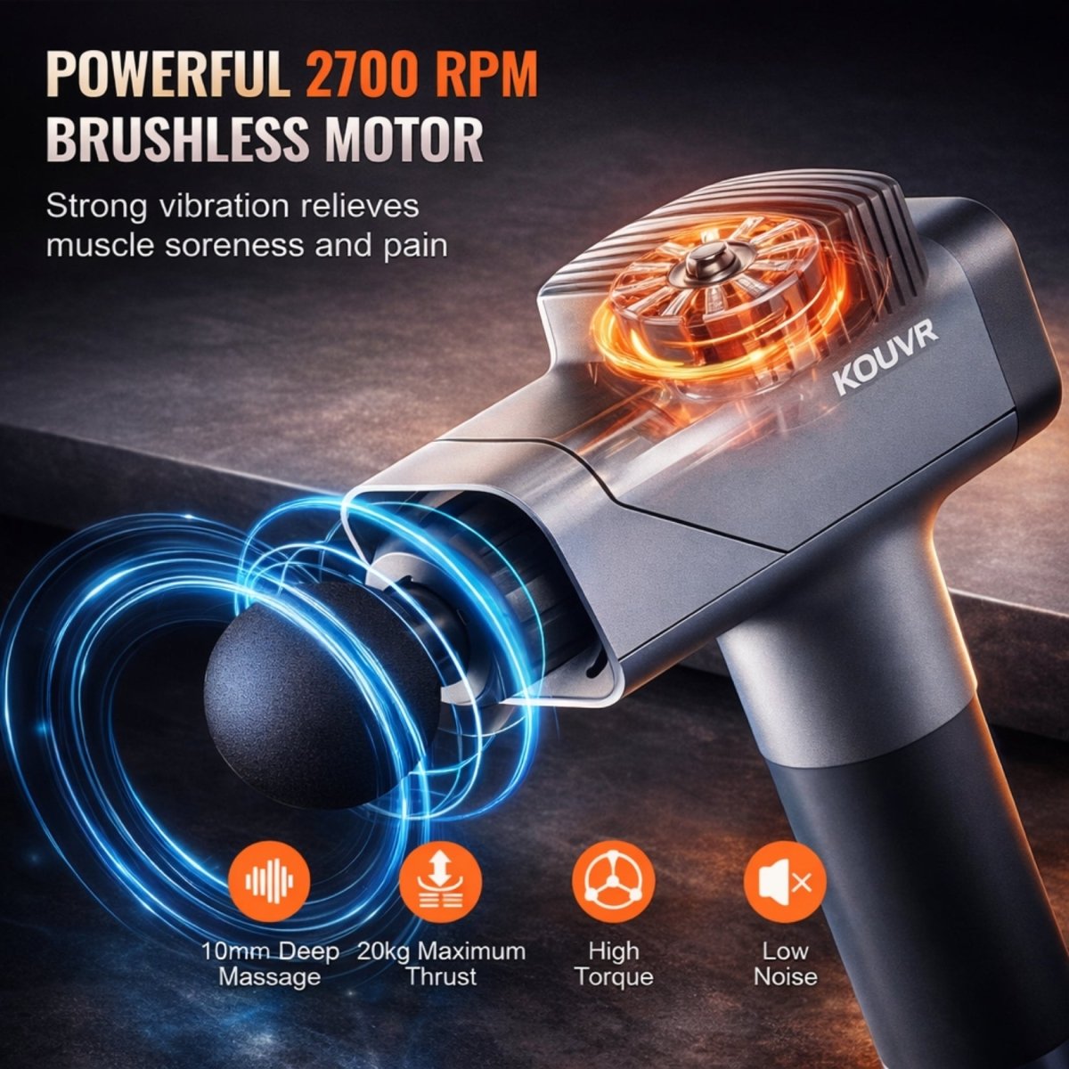 Internal diagram of Kouvr massage gun highlighting powerful 2700 RPM brushless motor and 20kg maximum thrust
