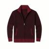 Flatlay product photo of the Kouvr Asti burgundy diamond zip cardigan, unzipped to show interior detail and ribbed collar.