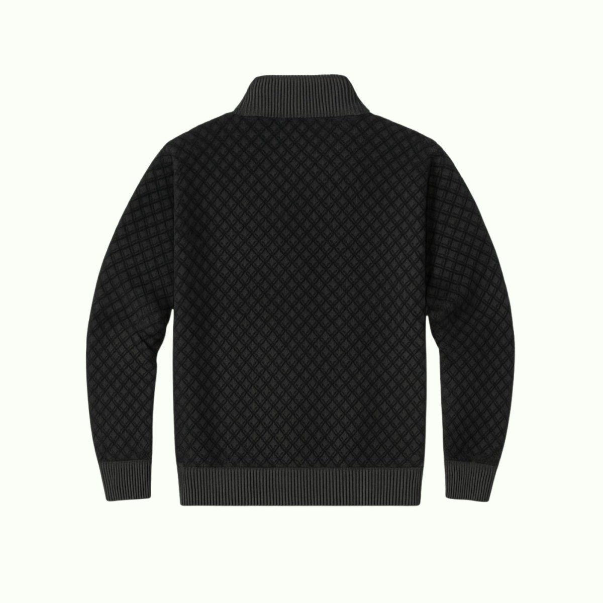 Flat lay back view of the Kouvr Argento charcoal grey diamond-knit sweater showcasing the continuous pattern and construction.