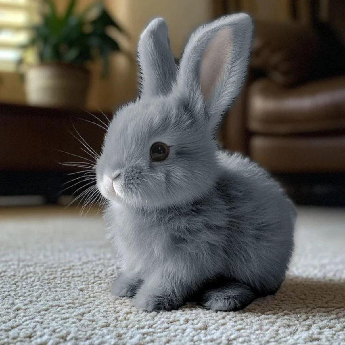 Grey kouvr rabbit sitting on a carpeted floor with a blurred background