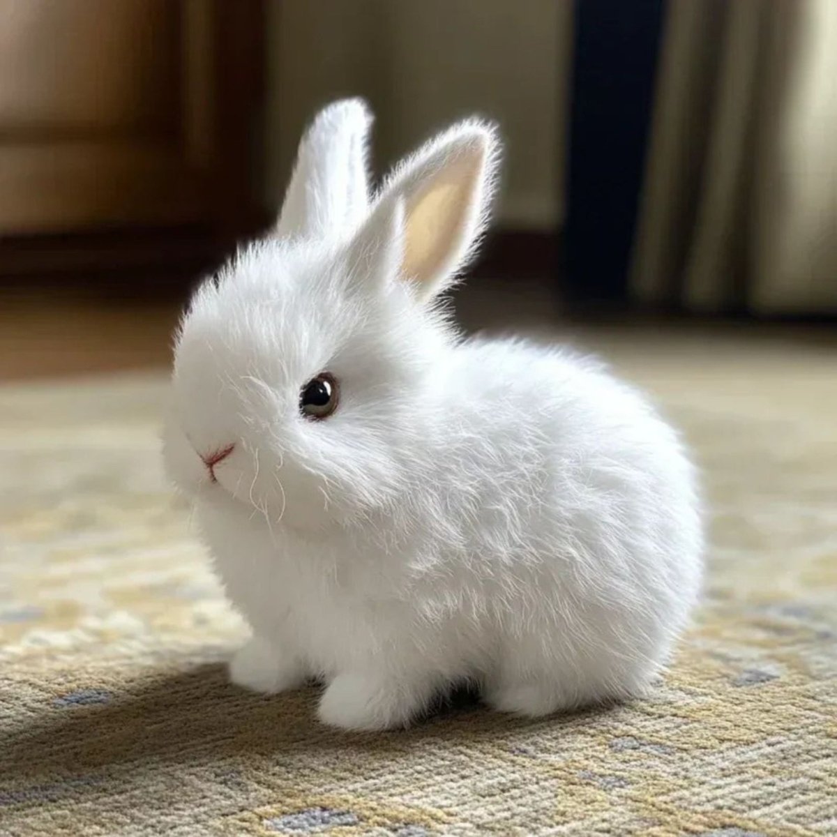 A lifelike white interactive walking bunny toy for kids named Bunby by Kouvr, sitting on a carpet.
