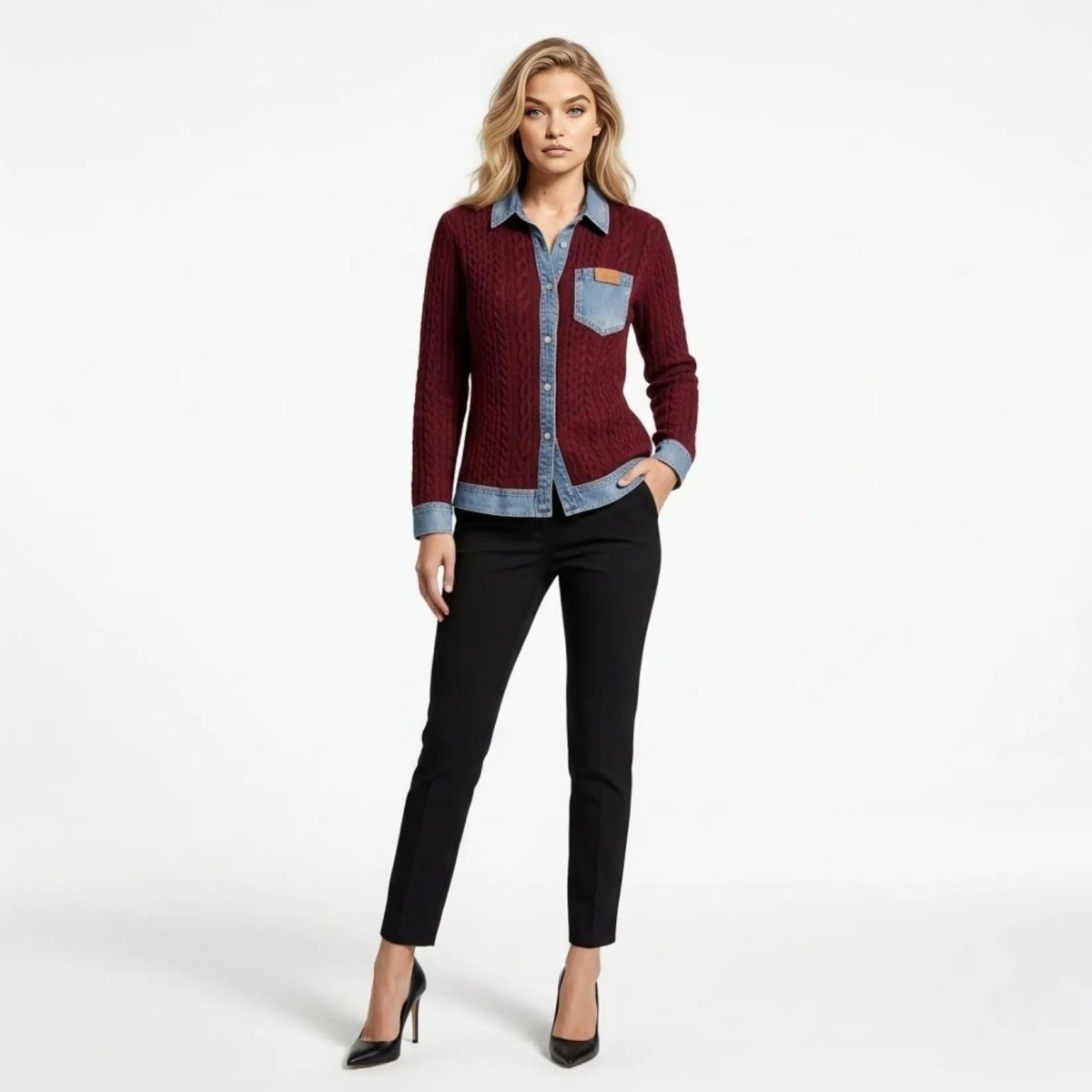 Full front view of female model wearing the Kouvr burgundy cable knit and denim hybrid cardigan, styled with black tailored trousers and heels.