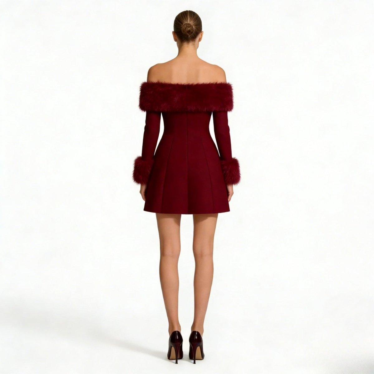 Back view of the Kouvr long sleeve off-the-shoulder holiday party dress in burgundy.