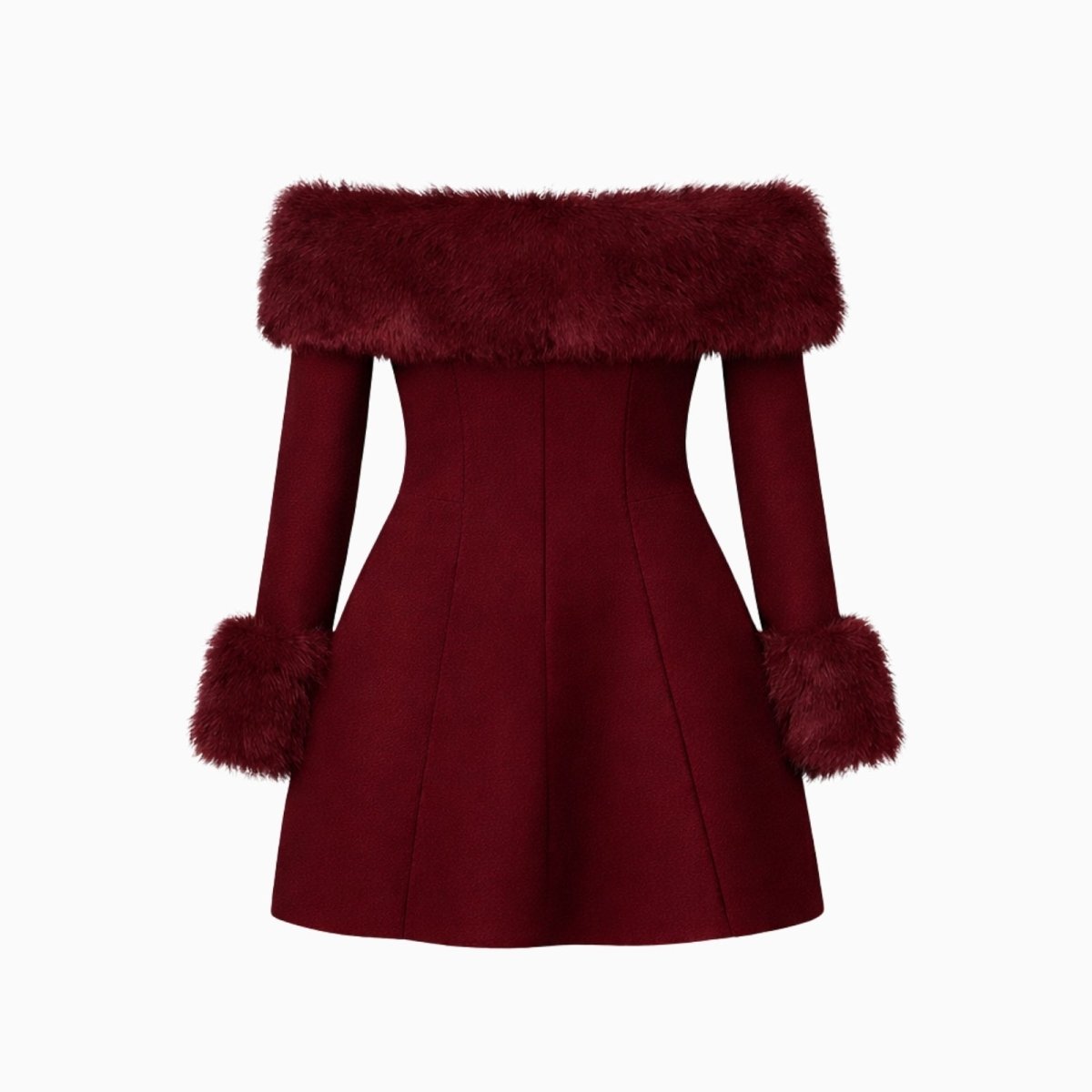 Product shot of the Kouvr burgundy off-the-shoulder mini dress with faux fur detailing on a white background.