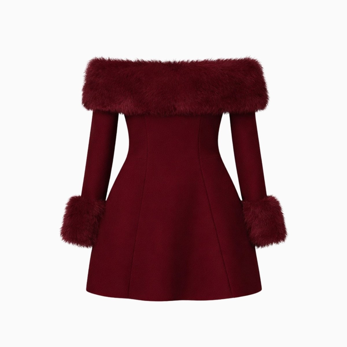 Product shot of the Kouvr burgundy off-the-shoulder mini dress with faux fur detailing on a white background.