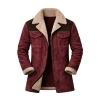 Flat lay of the open burgundy suede trucker jacket displaying the full plush sherpa lining and contrast collar.