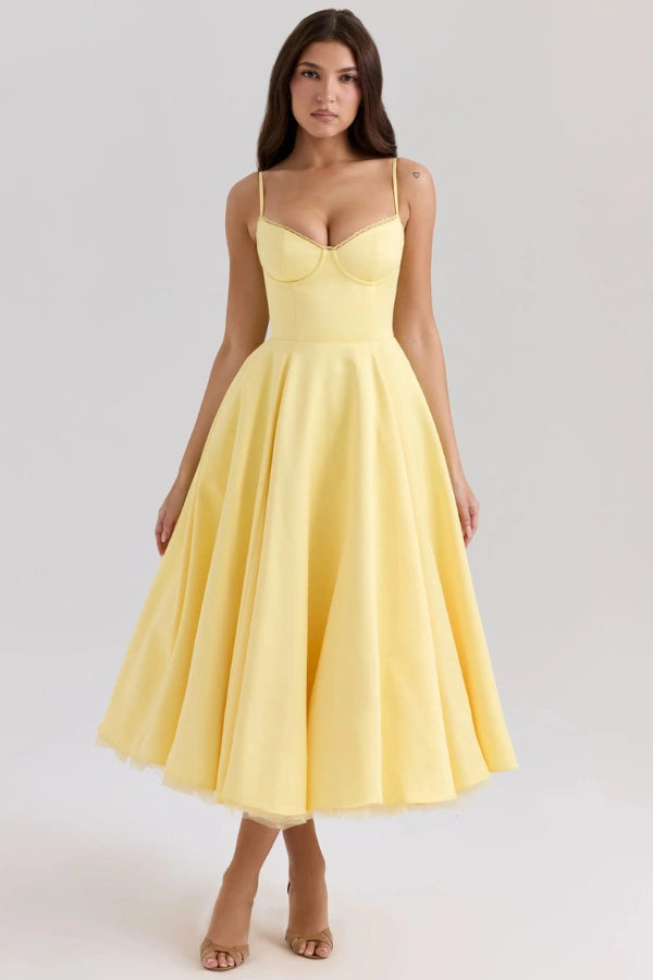 bustier bodice, tea-length, A-line skirt, vintage silhouette, garden party dress.