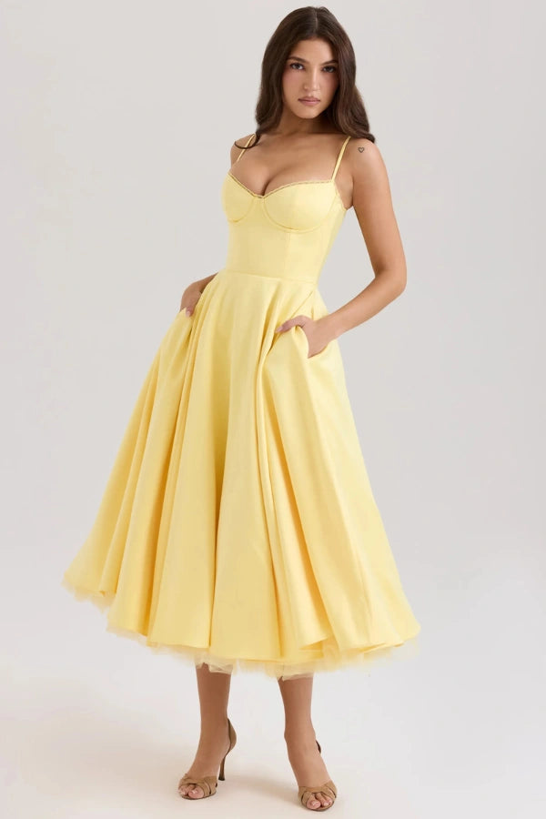 bustier bodice, tea-length, A-line skirt, vintage silhouette, garden party dress.