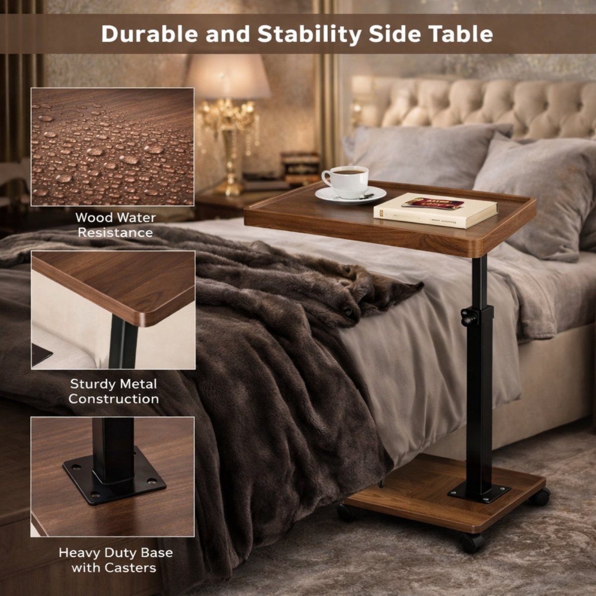 A collage showcasing the features of the Kouvr C-table, including its water-resistant wood finish, sturdy black metal construction, and heavy-duty base with casters.