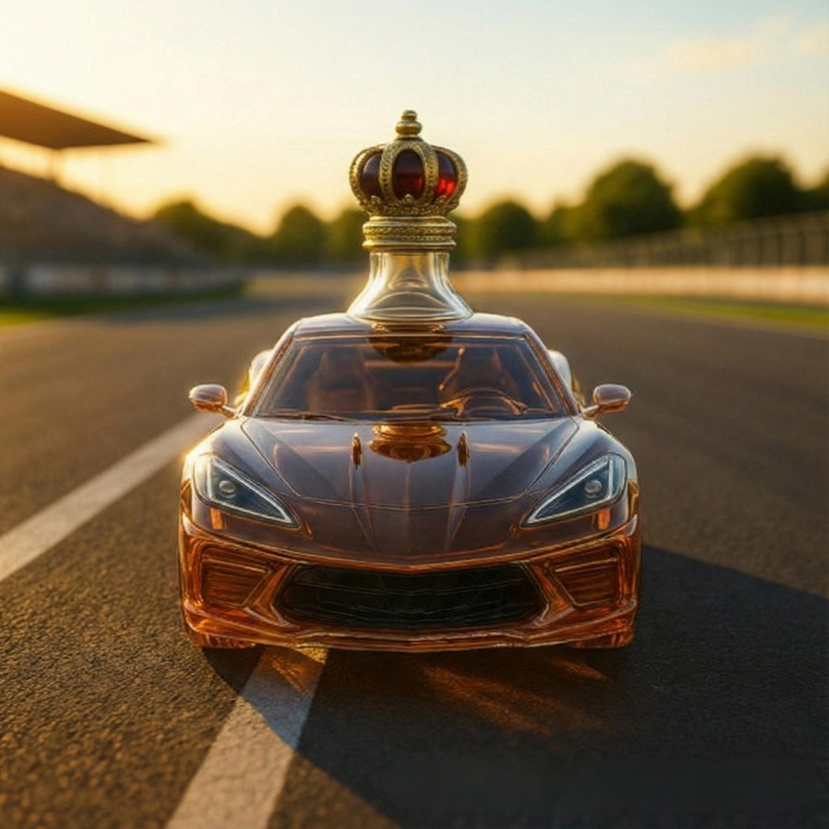 A direct front view of the Kouvr luxury car-shaped liquor decanter, showcasing its detailed headlights and form, designed for car enthusiasts.