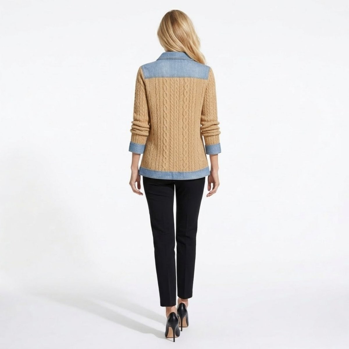 Back view of woman in Kouvr camel cable knit sweater with denim yoke and hem.