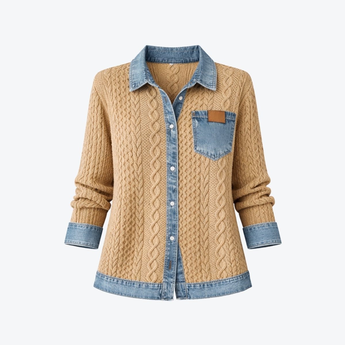 Kouvr women's camel cable knit shacket with denim collar, cuffs, and pocket detail on white background.