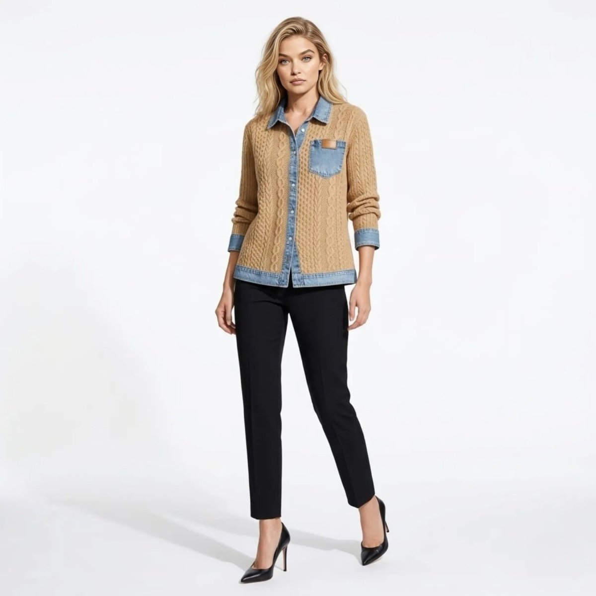 Woman wearing Kouvr camel cable knit and denim spliced button-down shacket, front view.