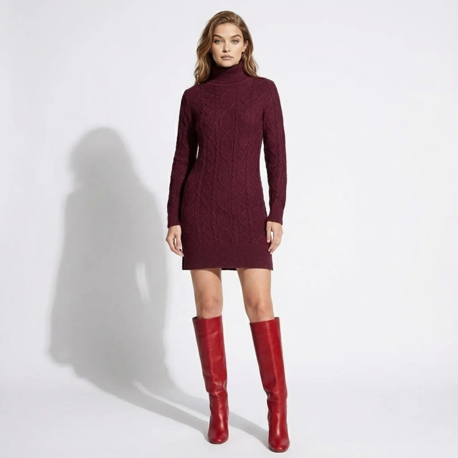 Model wearing the Kouvr Fashion burgundy cable-knit turtleneck sweater dress with long sleeves, paired with red knee-high boots, shown from the front.