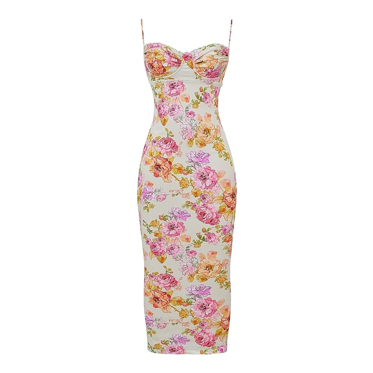 Close-up detail of the ruched sweetheart bustier on the Kouvr Calypso floral dress.