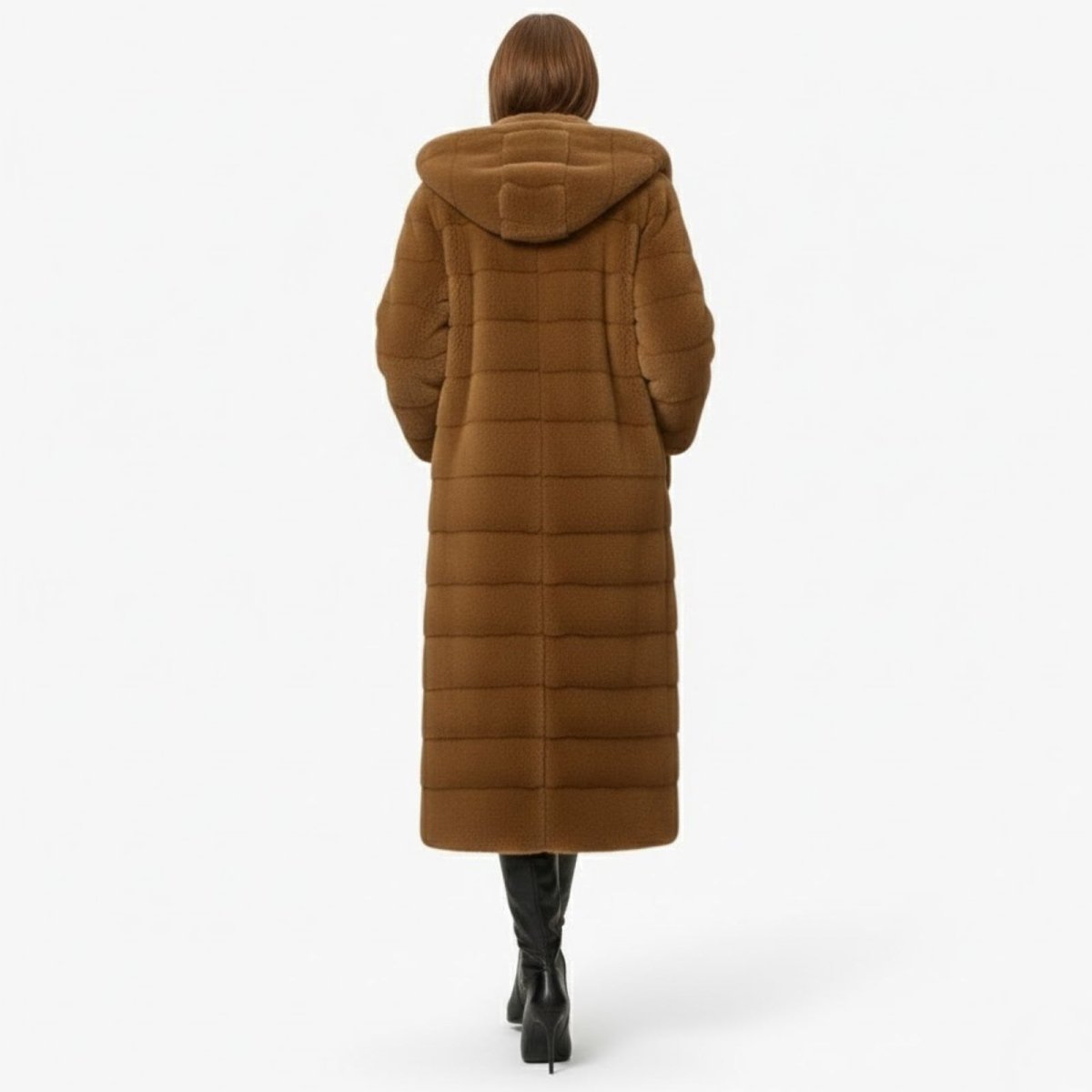Back view of the Kouvr maxi-length faux fur coat, highlighting the plush hood and horizontal panel design.