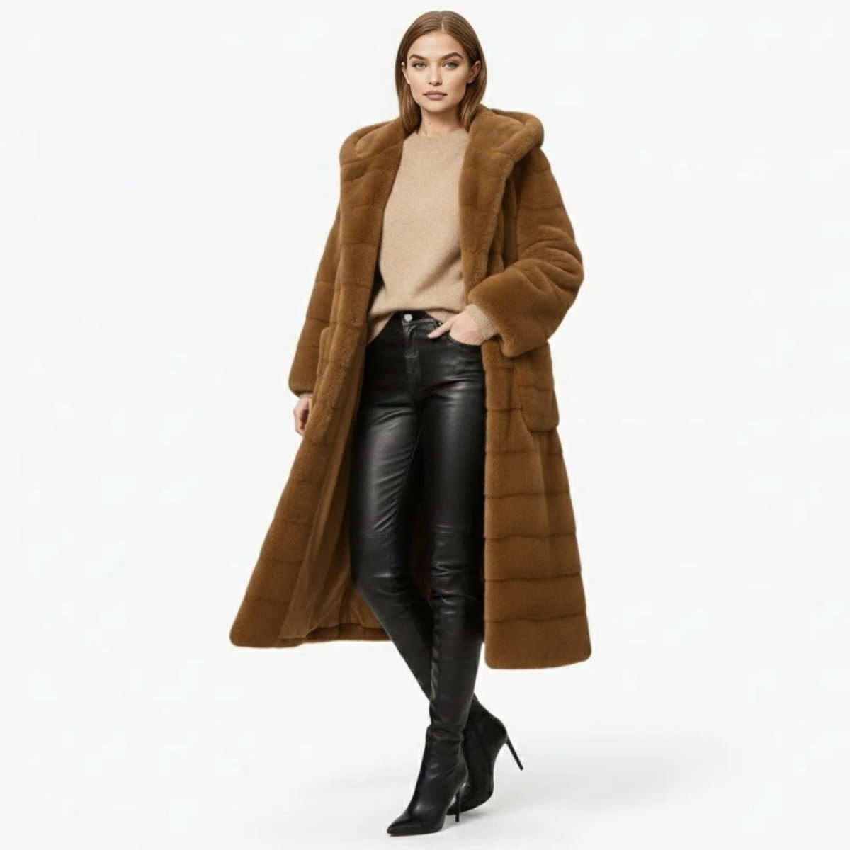 Model wearing the Kouvr long hooded faux fur teddy coat in a rich camel, styled with black leather pants and boots.