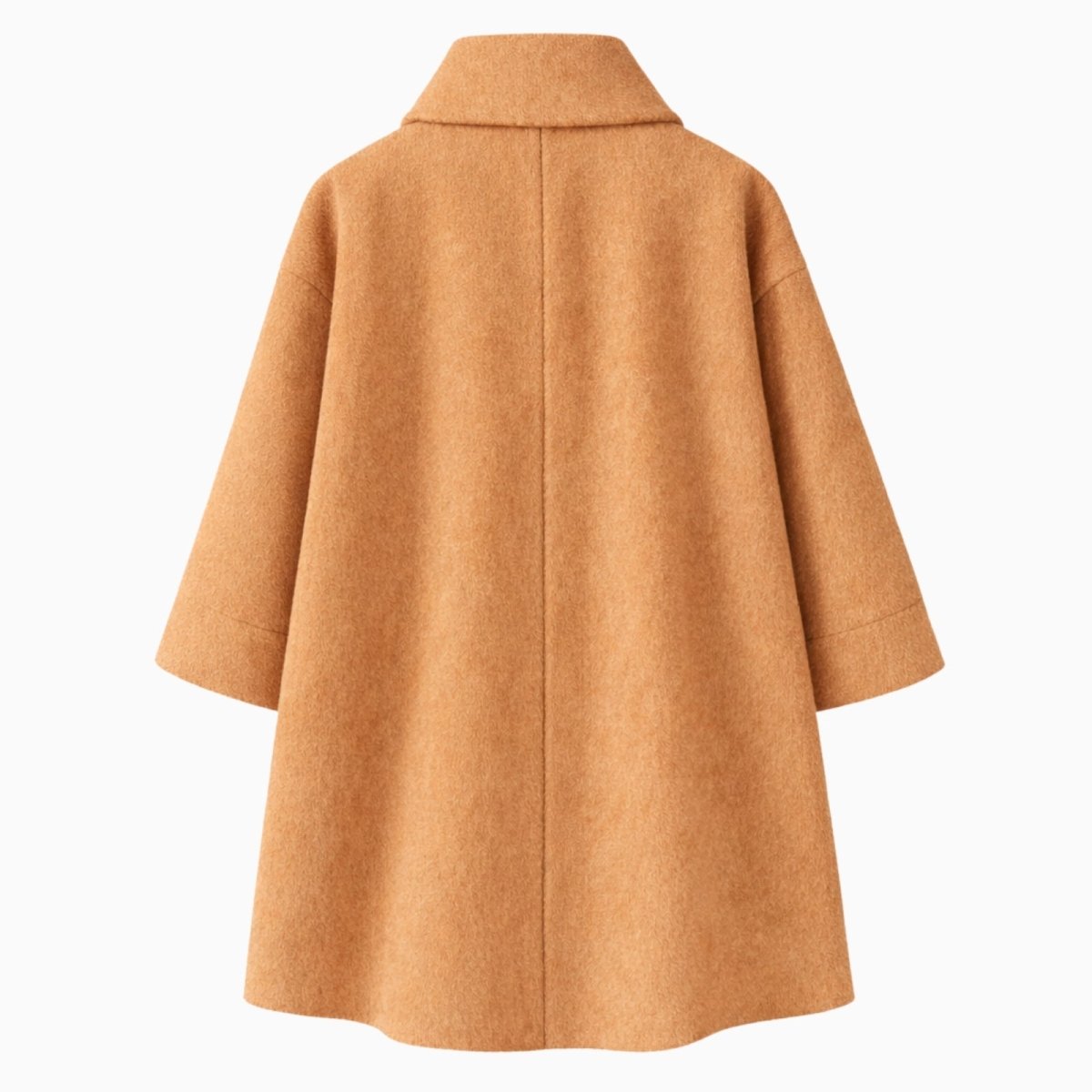 Flat lay of the back of the Kouvr camel 3/4 sleeve wool coat.