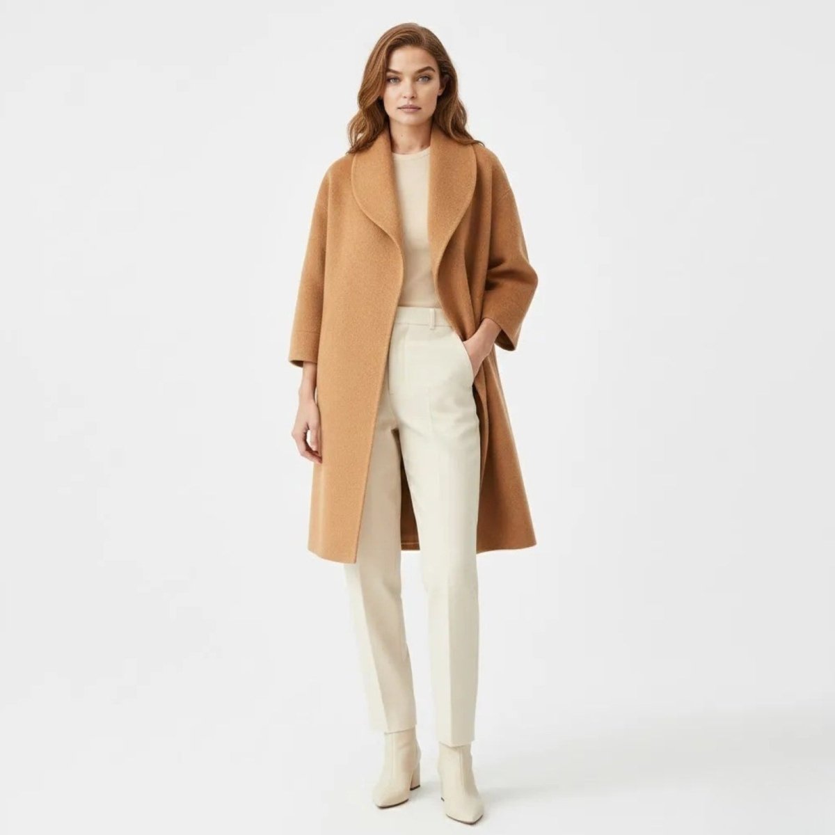Model facing forward wearing the Kouvr camel wool blend shawl collar coat, styled with cream top and trousers.