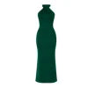 Model from the front wearing the Kouvr Camina emerald satin halter neck gown