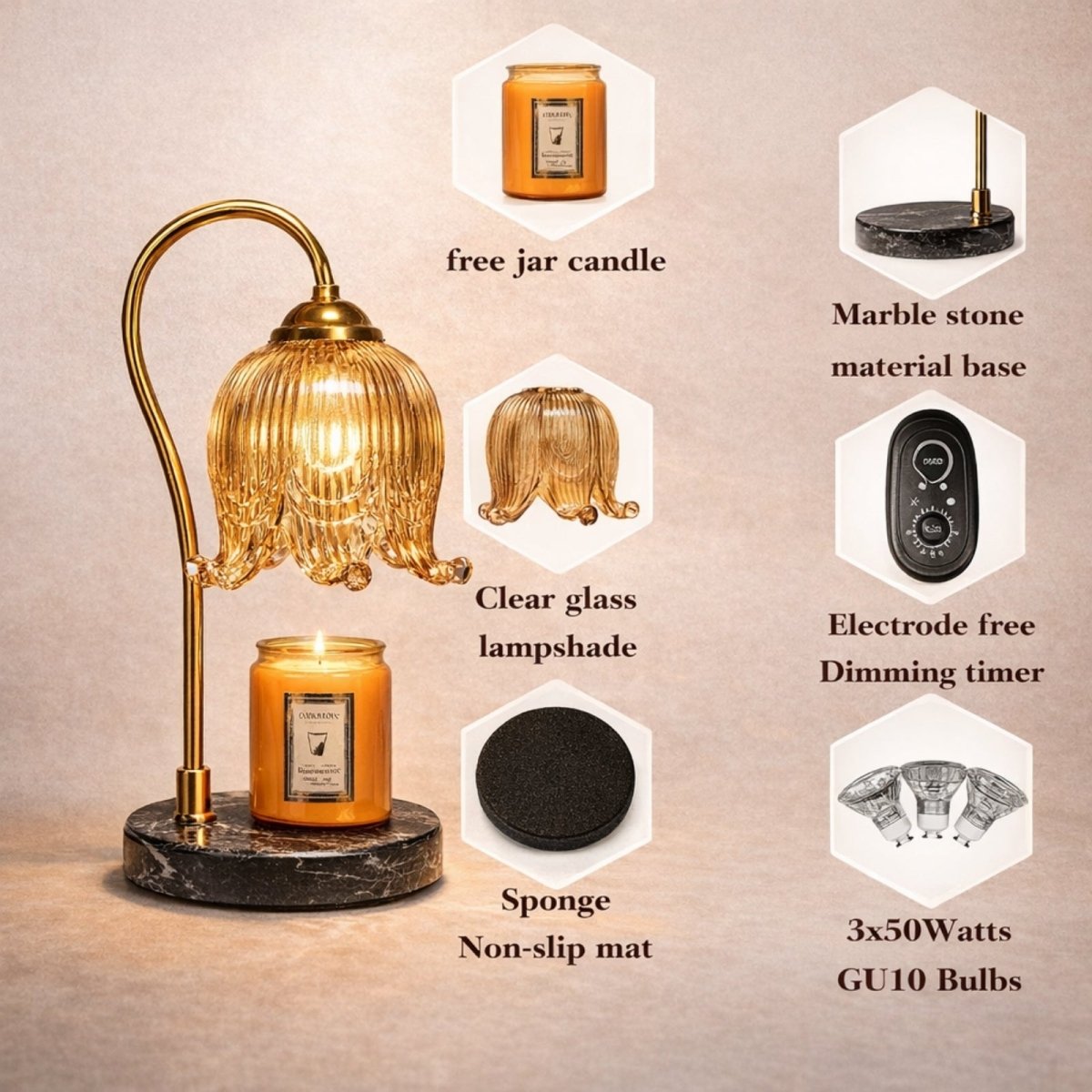 Dimension chart showing the 16.5-inch height of the lamp and 5.3-inch clearance, demonstrating compatibility with large jar candles.