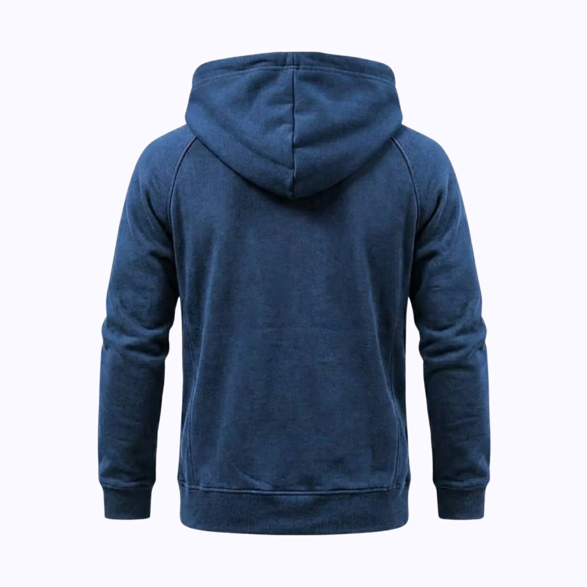 Back product shot of the Kouvr blue hoodie on a white background, showing the clean design and seam details.