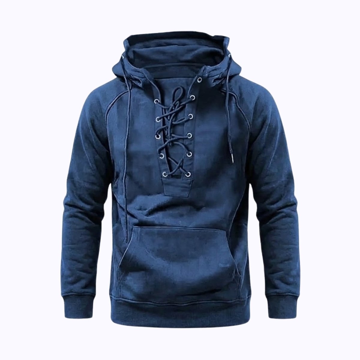 Front product shot of the Kouvr blue lace-up hoodie on a white background, highlighting the henley placket detail.