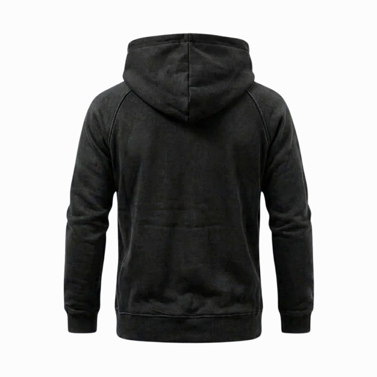 Flat lay back view of the Kouvr men's premium fleece hoodie in washed black, showing the construction of the hood and raglan sleeves.