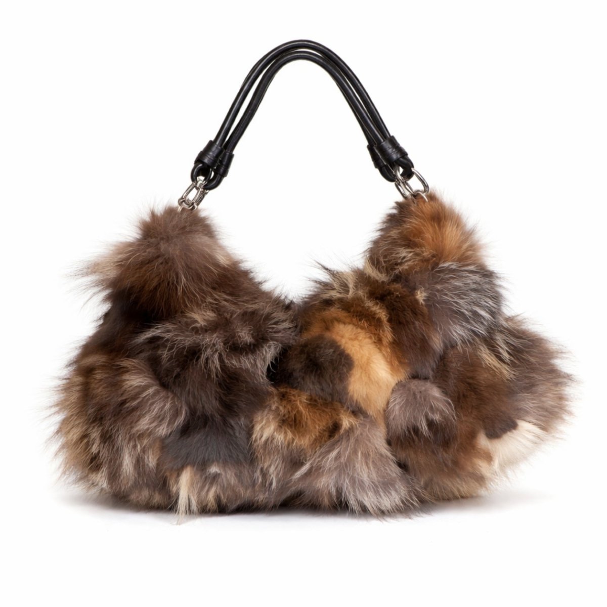 The Carina patchwork fox fur shoulder bag by Kouvr with black leather straps, shown on a white background.
