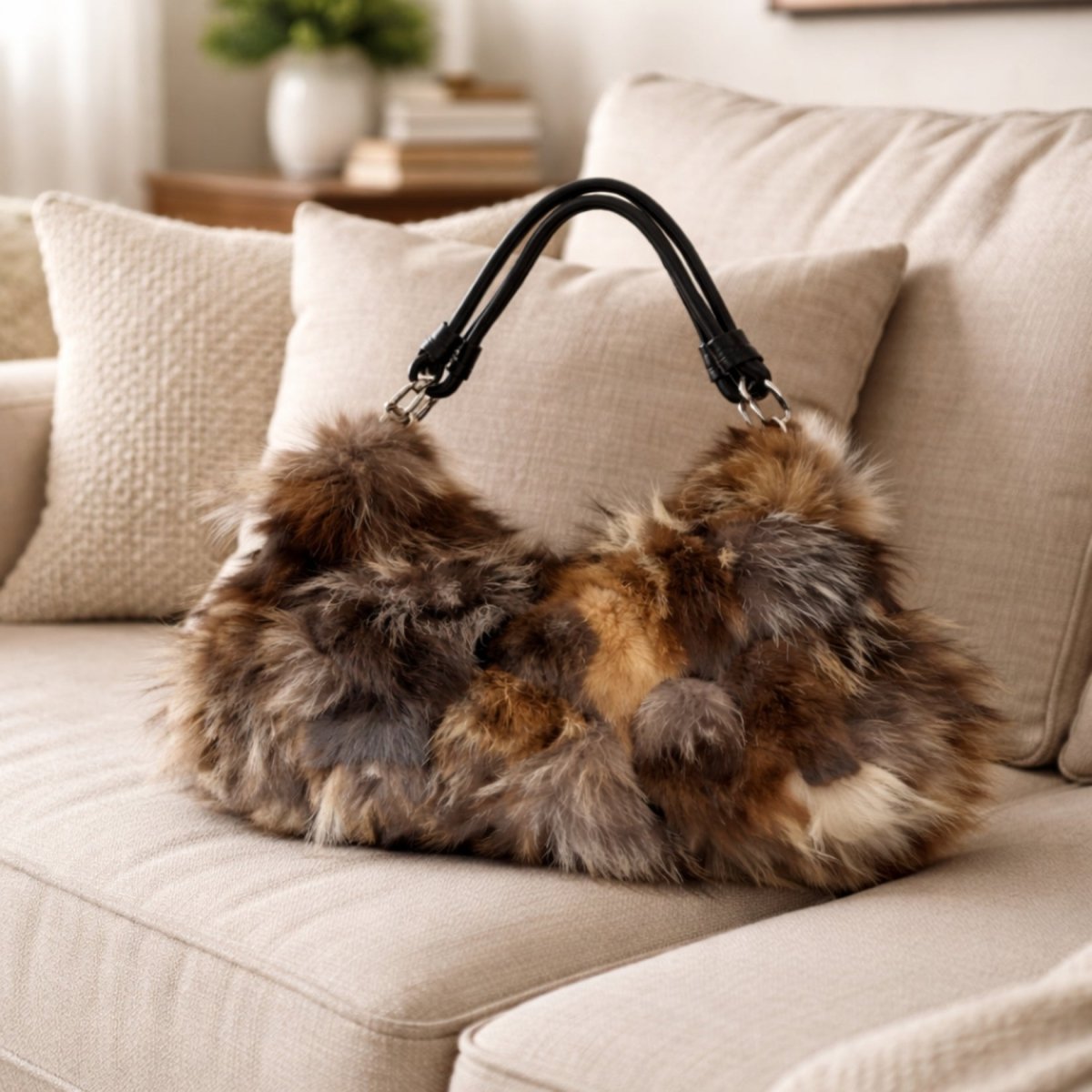 A close-up of the Kouvr Carina patchwork fur bag resting on a neutral-colored linen sofa, showing its texture.
