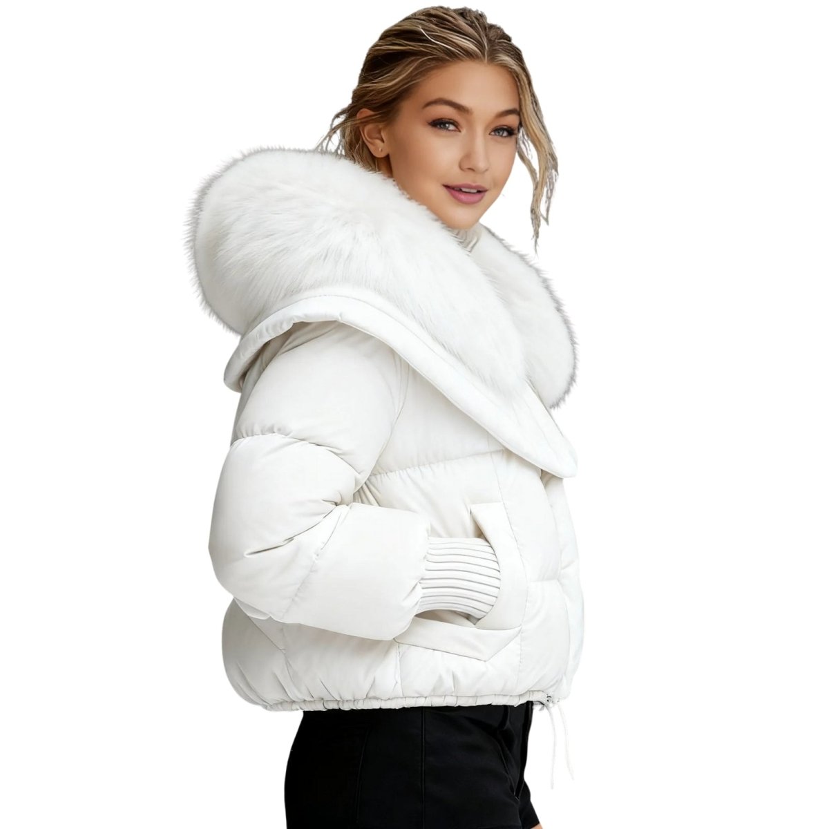 Woman wearing a white Kouvr puffer jacket with fur trim on a white background