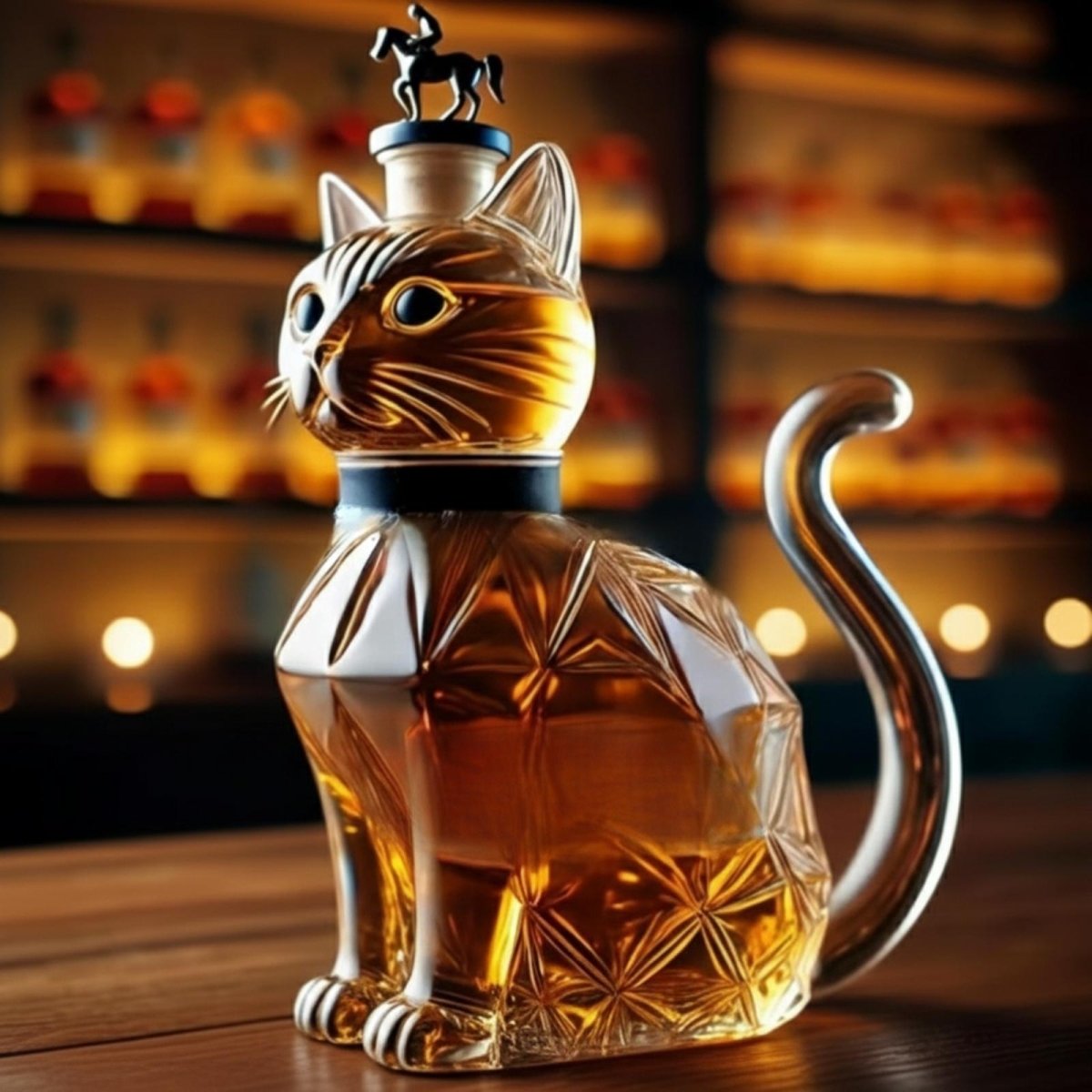Side view of the Kouvr cat-shaped whiskey decanter in faceted crystal glass, filled with bourbon and sitting on a wooden bar top with a horse stopper.