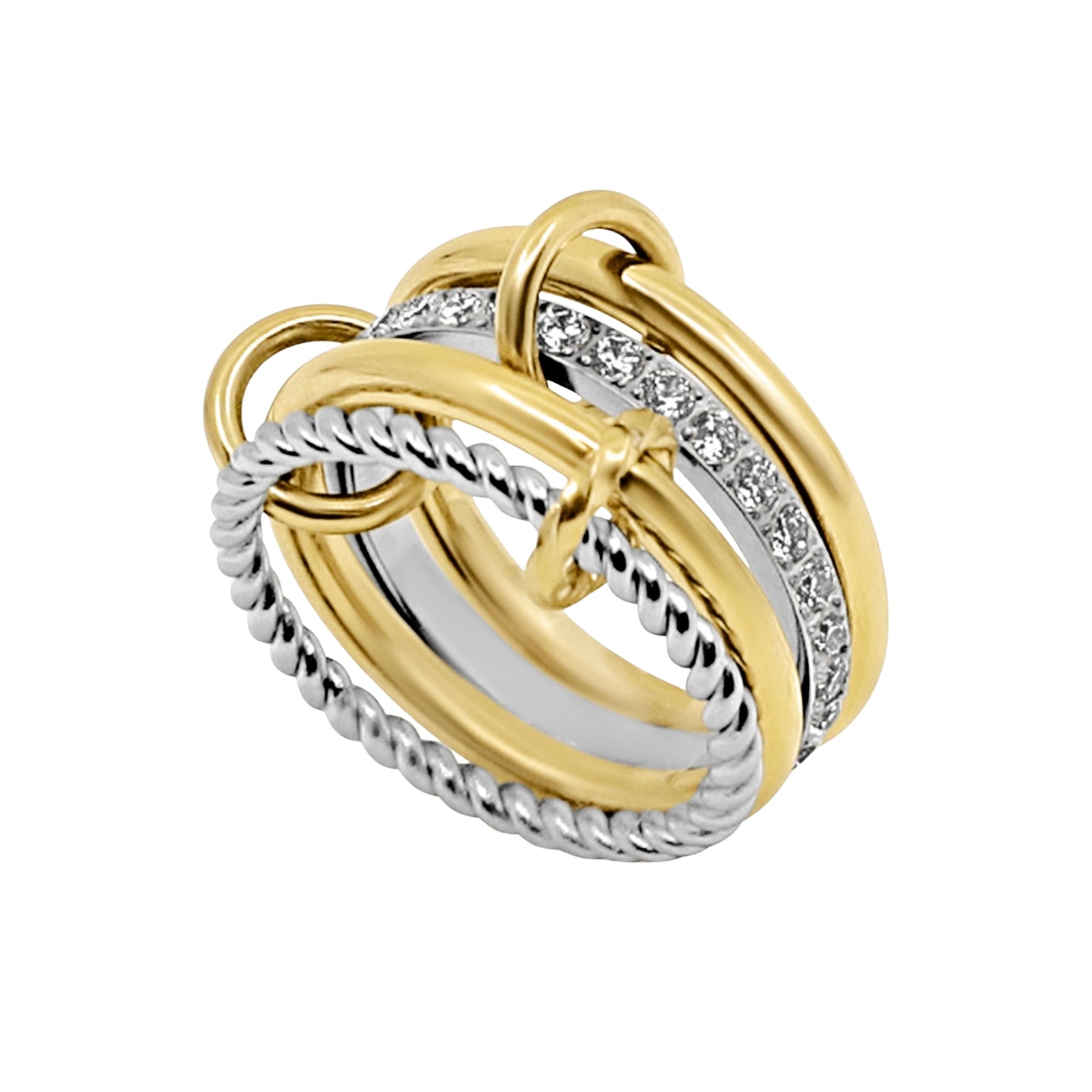 Kouvr three interlocking rings in gold and silver on a white background