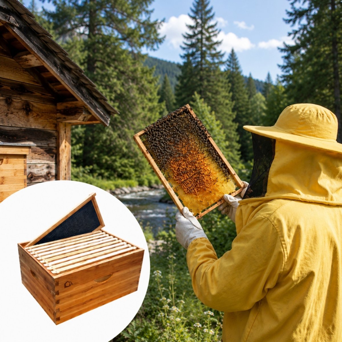 Beekeeper in a yellow suit examining a fully drawn honeycomb frame outdoors next to a Kouvr natural wood cedar beehive box.