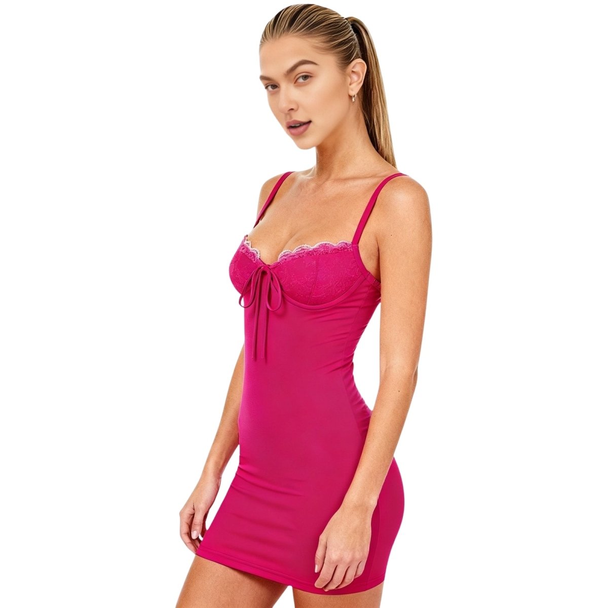 Woman wearing a rose red nightgown on a white background