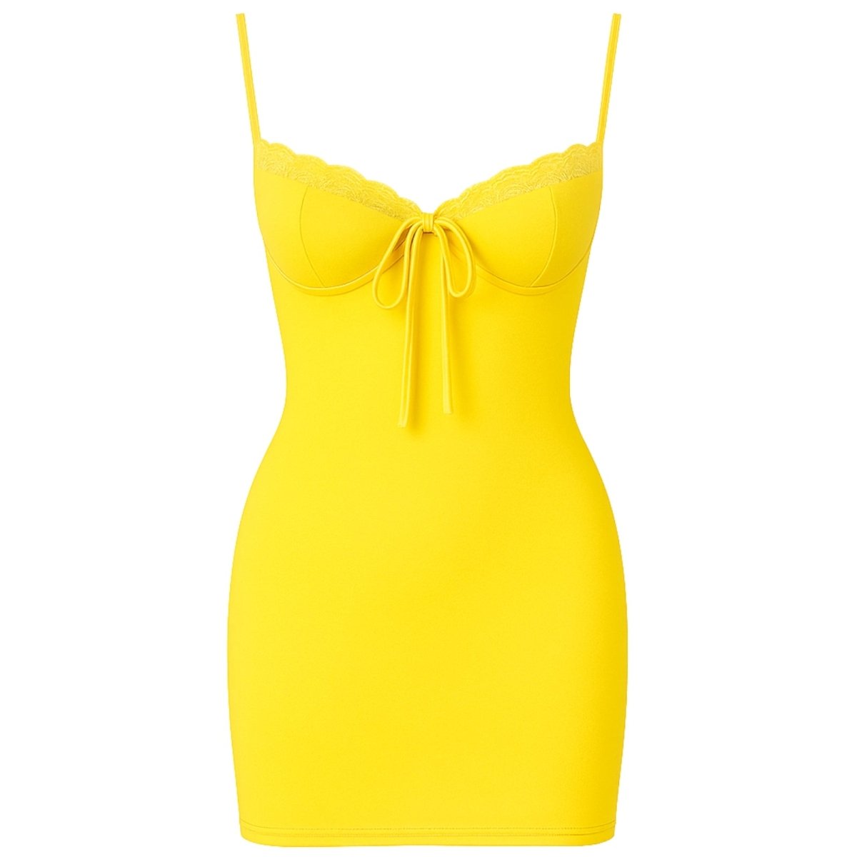Yellow slip dress with thin straps on a white background